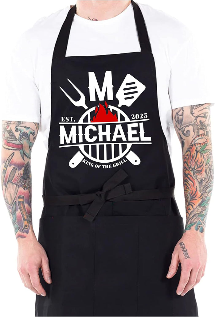 Personalized Father's Day Kitchen Apron Gifts w/Name 8 Grill Designs - Customized White Aprons Daddy Gift for Cooking BBQ Grill - Custom Grandpa Aprons Gifts for Men Cotton Dad Chef Apron w/Pockets