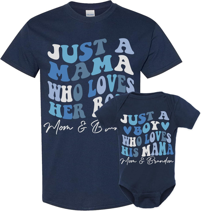 Personalized Matching Mommy and Baby Shirt Set – Mother and Child Outfit – Custom Name Cotton T-Shirt & Bodysuit – Gift for Mom – Mother’s Day, Baby Shower, Family Photo Outfit Blue