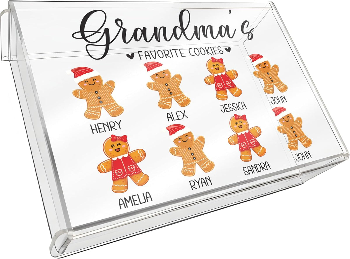 Tailored Moments Goods Personalized Christmas Cookie Box, Custom Acrylic Treat Container with Names & Gingerbread Icons, Grandma’s Favorite Cookies Storage Bin, Holiday Gift for Grandkids & Family