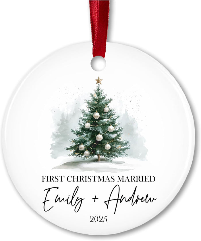 Custom Ceramic Christmas Ornaments with Photo & Names - Personalized First Married Christmas - Unique for Husband & Wife with Picture - Merry Christmas Tree Present