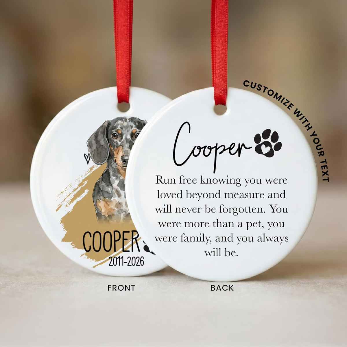 Personalized Pet Memorial Ornament, Custom Dog or Cat Watercolor Portrait with Name, in Loving Memory Option with Years, Round Ceramic Christmas Tree Ornament Gift for Pet Lovers, Keepsake