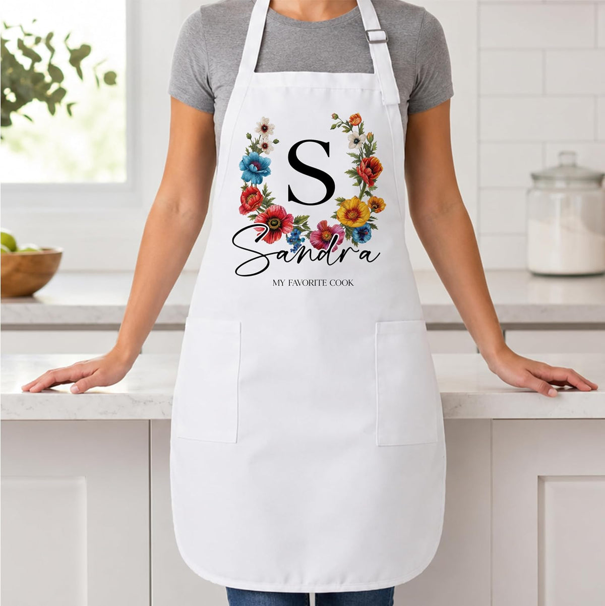 Personalized Apron with Name Custom Floral Initial Gift for Mom Grandma