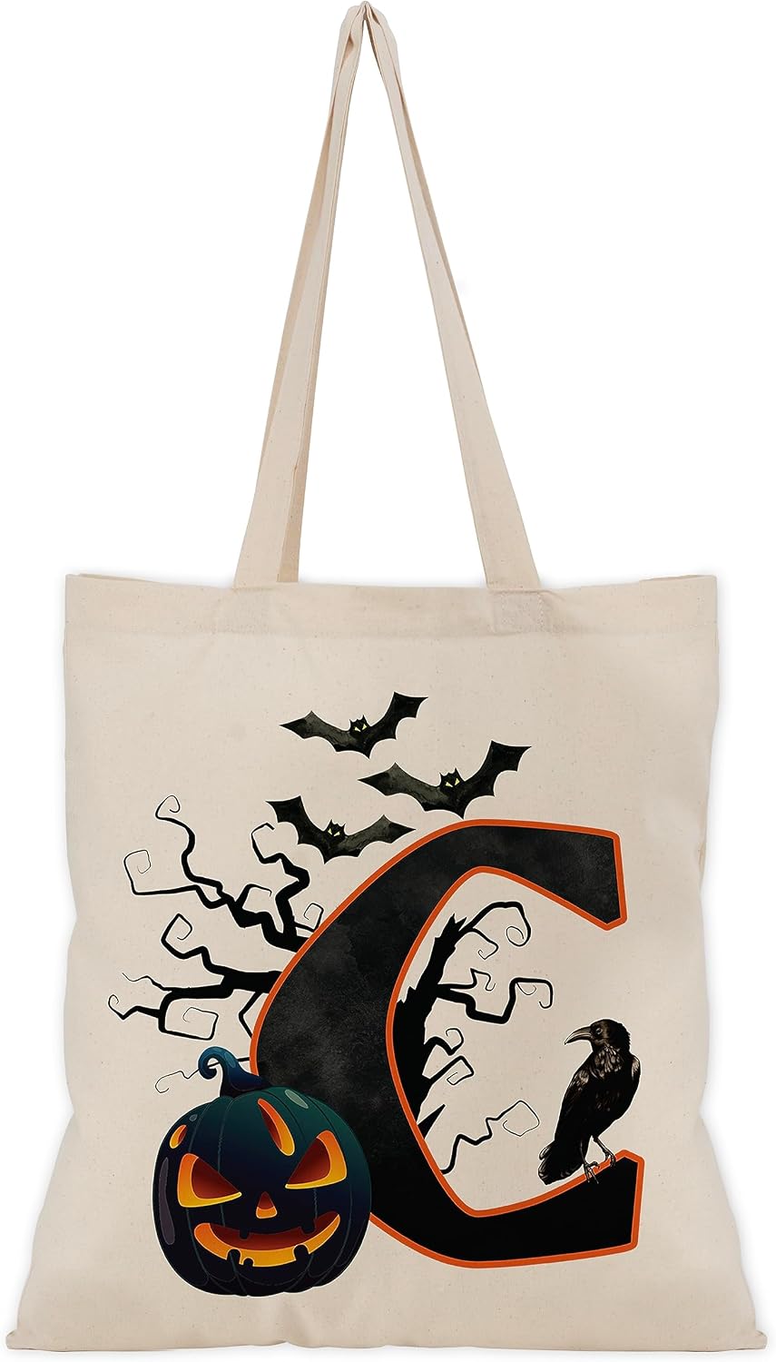People People Halloween Initial Tote Bags Gifts for Boys Girls - Trick or Treat Letters Pumpkin Goodie Bag