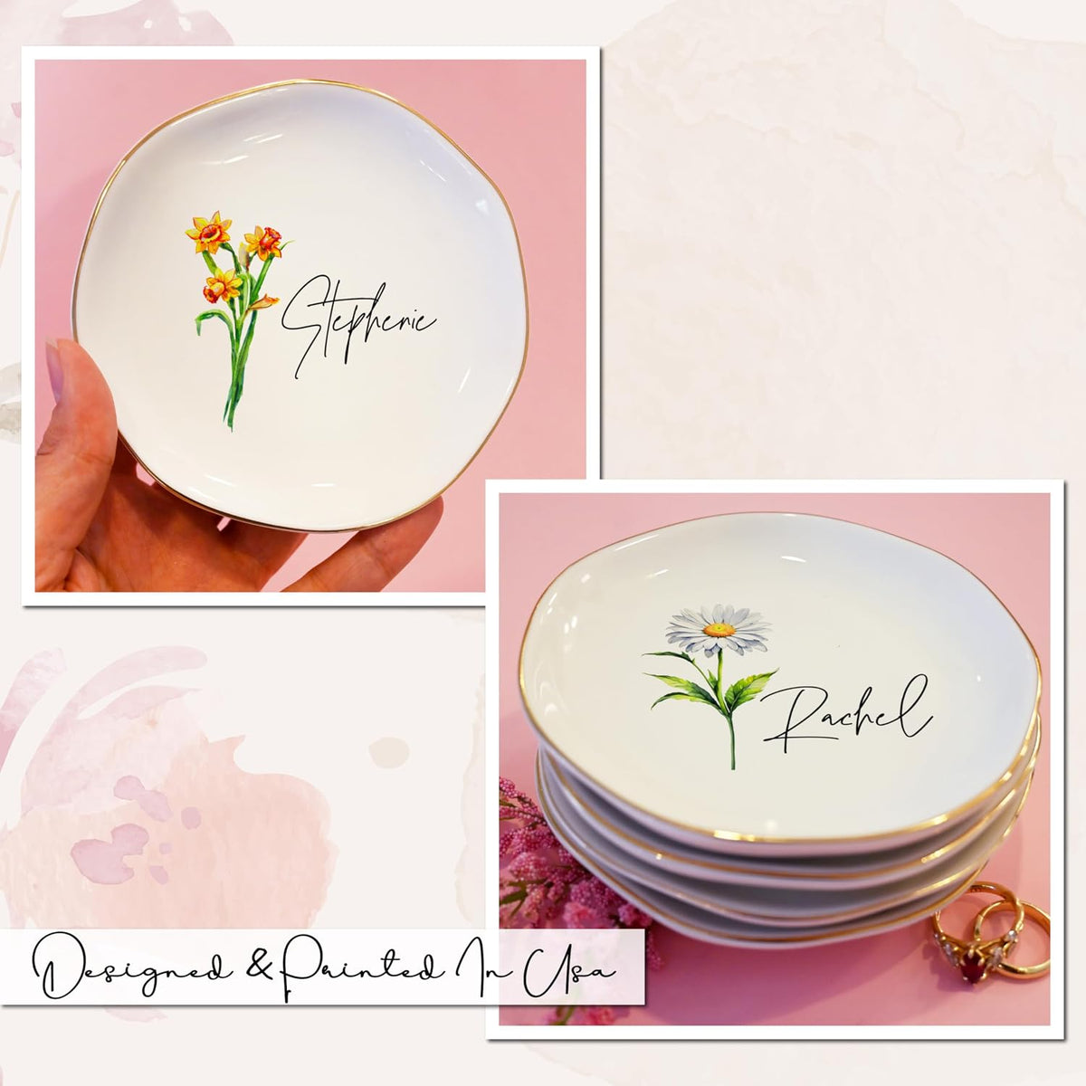 Personalized Birth Flower Name Ring Dish - Custom Floral Ceramic Jewelry Plate, Tray for Women, Bridesmaid, Daughter, Mom, Friends - Gift for Birthday, Christmas, Mother’s Day