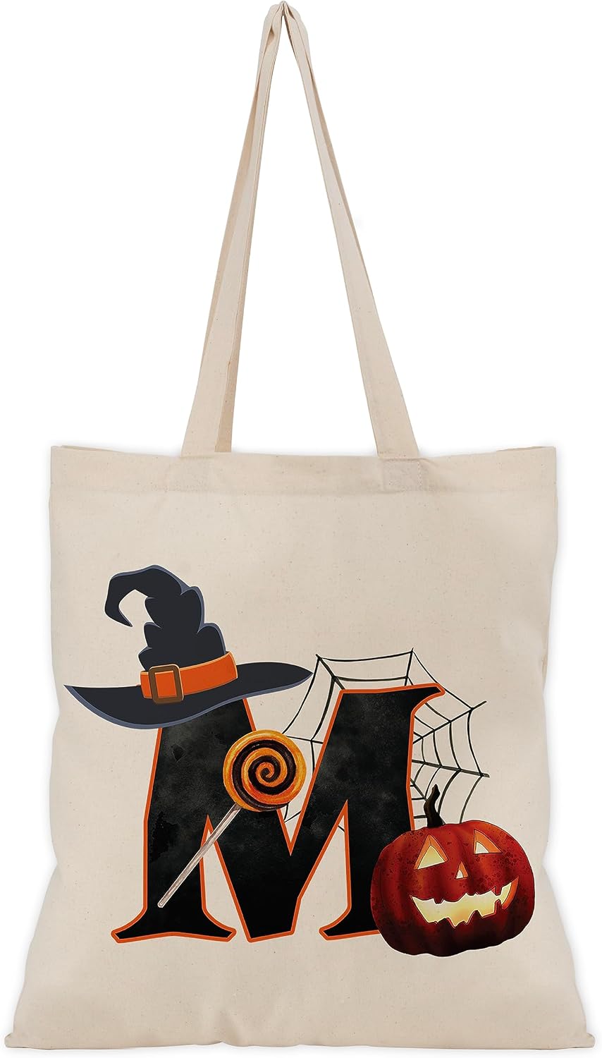 People People Halloween Initial Tote Bags Gifts for Boys Girls - Trick or Treat Letters Pumpkin Goodie Bag