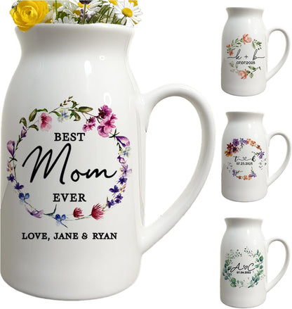 Personalized Ceramic Pitcher Vase, Floral Wreath Design Jug for Mom, Grandma, or Couple, Printed Flower Design, Thoughtful Gift for Mother’s Day, Wedding, Anniversary, Christmas or Home Décor Keepsake