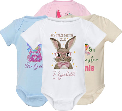My First Easter Baby Bodysuit Personalized, Custom Name and Year Easter Outfit, Bunny and Carrot Design Infant One Piece, First Easter Keepsake Gift, Easter Photo Outfit, Spring Baby Clothes