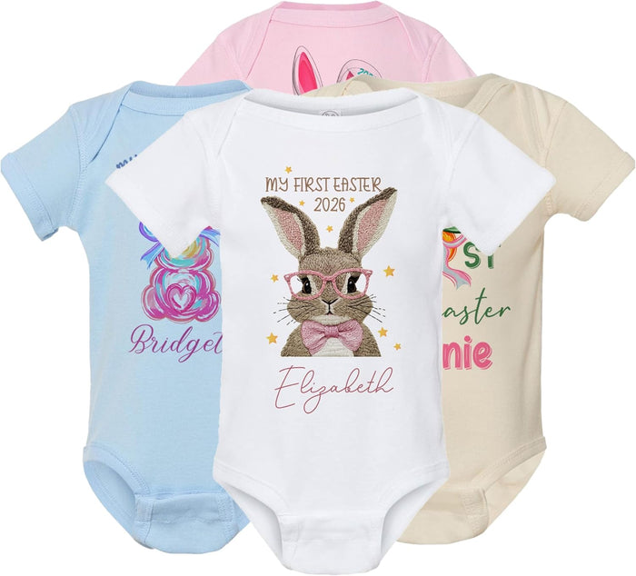My First Easter Baby Bodysuit Personalized, Custom Name and Year Easter Outfit, Bunny and Carrot Design Infant One Piece, First Easter Keepsake Gift, Easter Photo Outfit, Spring Baby Clothes