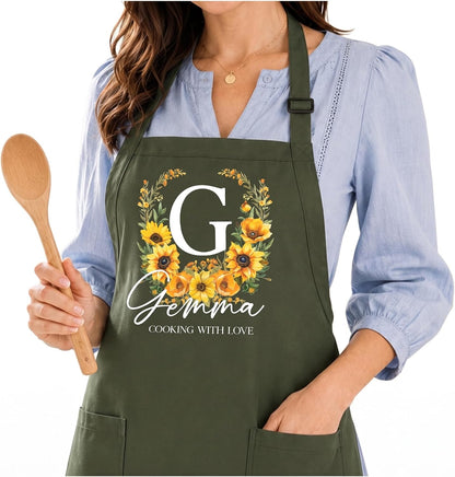 Personalized Apron with Name Custom Floral Initial Gift for Mom Grandma