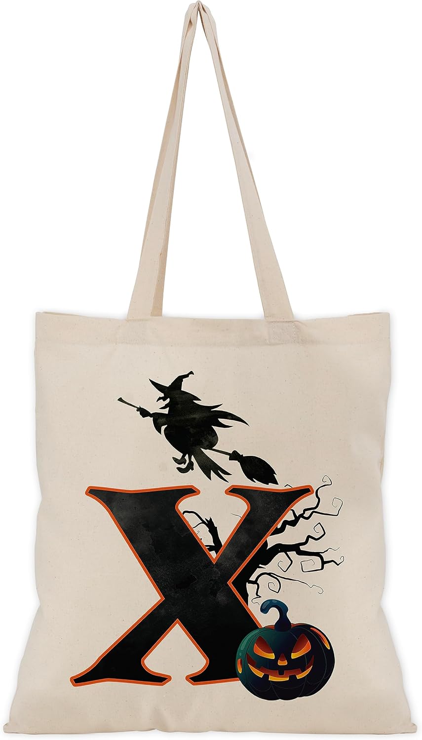 People People Halloween Initial Tote Bags Gifts for Boys Girls - Trick or Treat Letters Pumpkin Goodie Bag