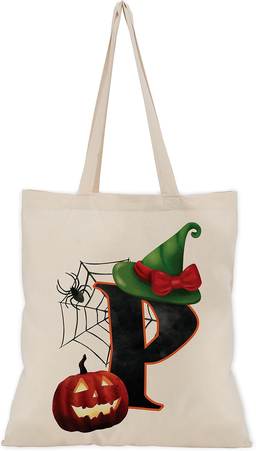 People People Halloween Initial Tote Bags Gifts for Boys Girls - Trick or Treat Letters Pumpkin Goodie Bag