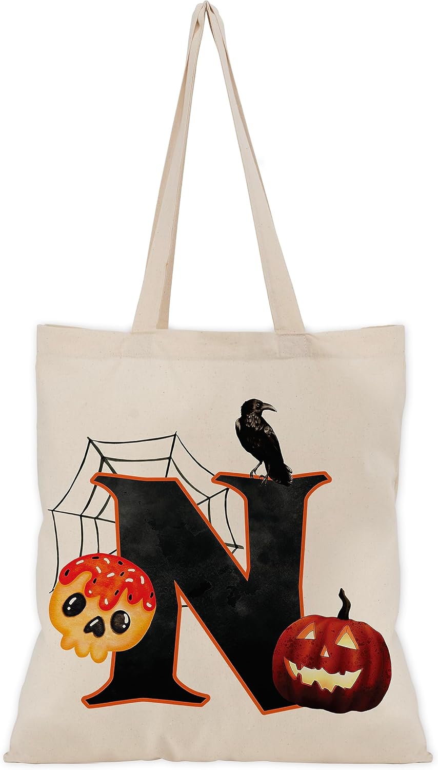 People People Halloween Initial Tote Bags Gifts for Boys Girls - Trick or Treat Letters Pumpkin Goodie Bag