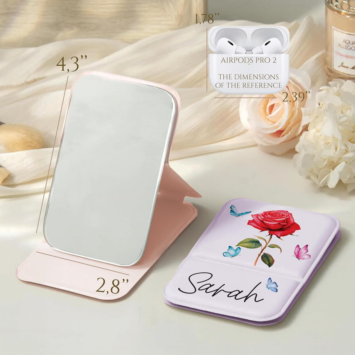 Personalized Birth Month Flower Pocket Mirror with Name - Custom Foldable Compact Travel Mirror for Women Girls – Birthday Gift for Bridesmaids, Best Friends, Mom, Daughter – 5 Colors