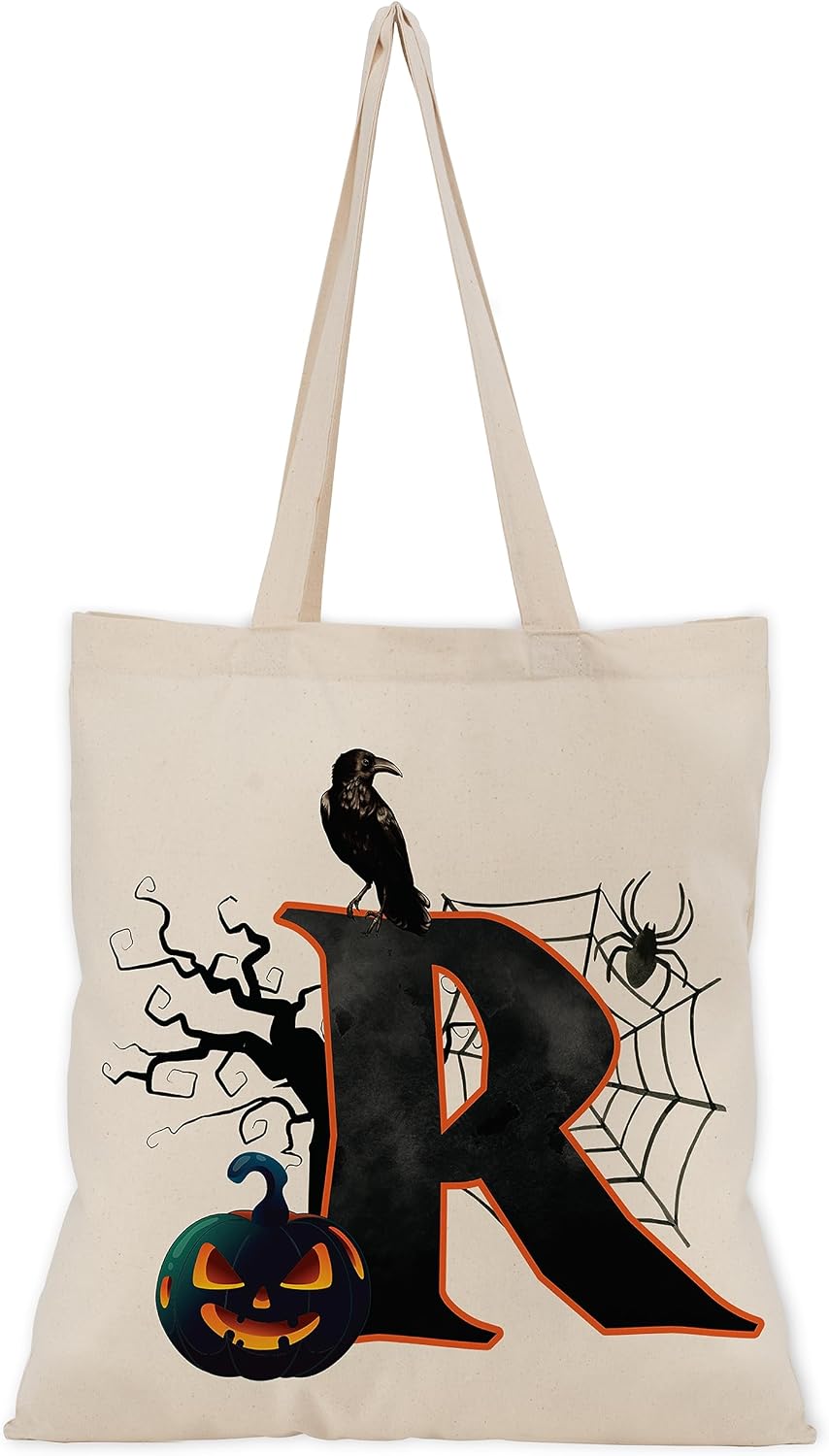 People People Halloween Initial Tote Bags Gifts for Boys Girls - Trick or Treat Letters Pumpkin Goodie Bag