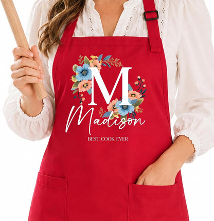 Personalized Apron with Name Custom Floral Initial Gift for Mom Grandma