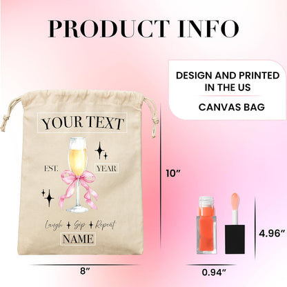 Personalized Cocktail Canvas Drawstring Bag for Girls Night, Galentine’s Day, or Bachelorette – Custom Name Group Pouch with Drink Design, Year & Text – Makeup Gift Bag for Bridesmaids & Friends