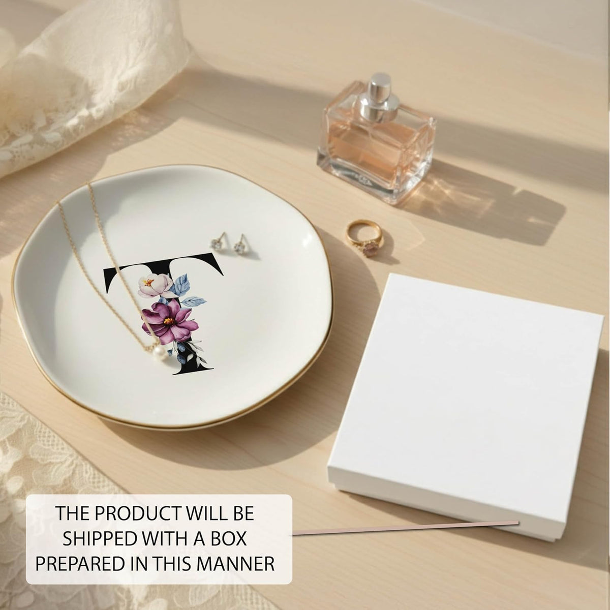 Personalized Floral Initial Ring Dish Jewelry Holder, Custom Monogram Ceramic Trinket Tray with Gold Rim, Bridesmaid Proposal Gift, Wedding Engagement Gift for Bride, Birthday Gift for Women