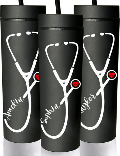 Personalized Skinny 16oz Tumbler for Nurses – Custom Gift for RN, LPN, ER or ICU Nurse – Graduation Present Idea, Thank You Present for Her – Nurse Week or Birthday Gift for Women