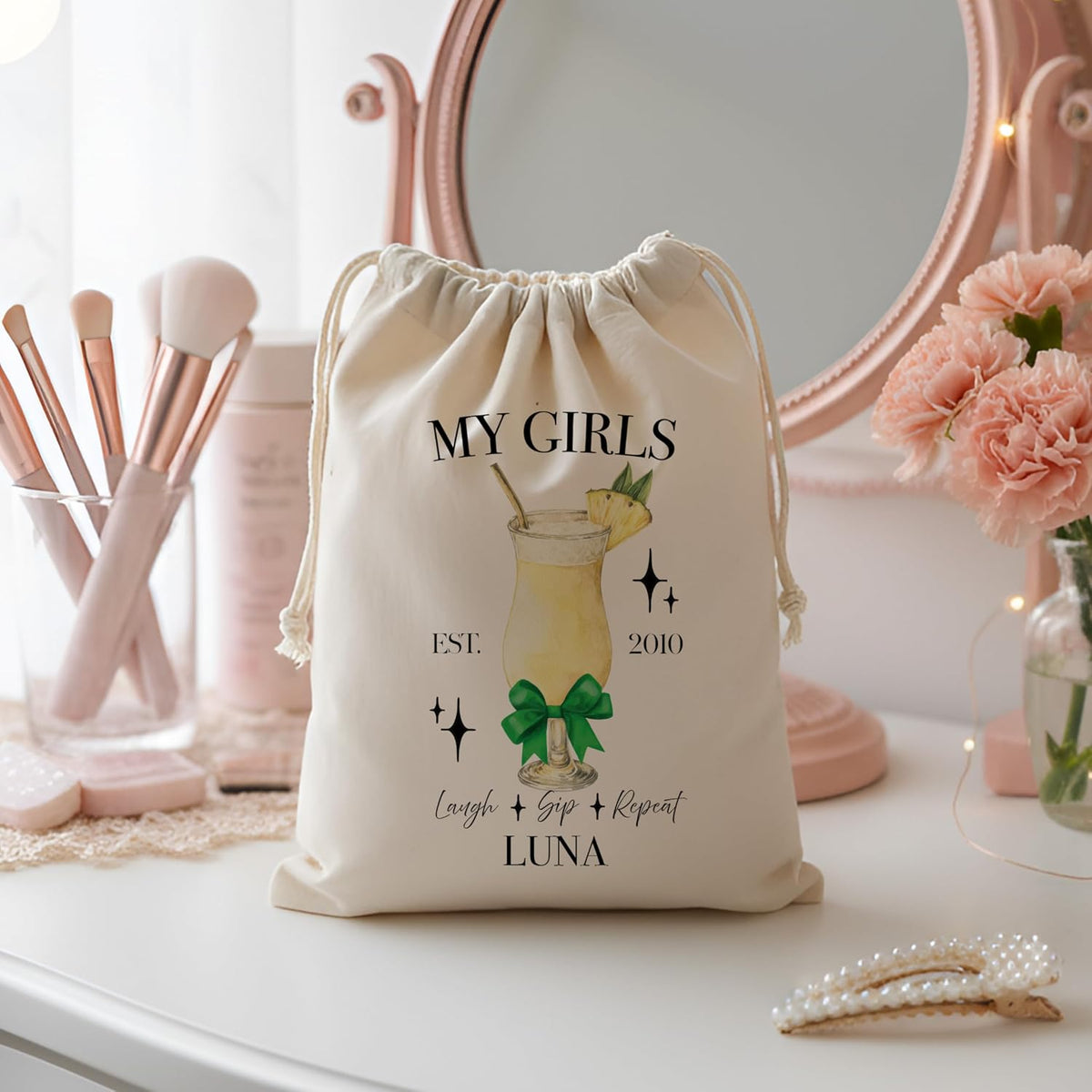 Personalized Cocktail Canvas Drawstring Bag for Girls Night, Galentine’s Day, or Bachelorette – Custom Name Group Pouch with Drink Design, Year & Text – Makeup Gift Bag for Bridesmaids & Friends