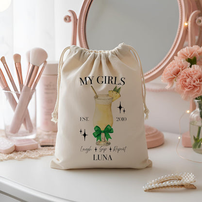 Personalized Cocktail Canvas Drawstring Bag for Girls Night, Galentine’s Day, or Bachelorette – Custom Name Group Pouch with Drink Design, Year & Text – Makeup Gift Bag for Bridesmaids & Friends