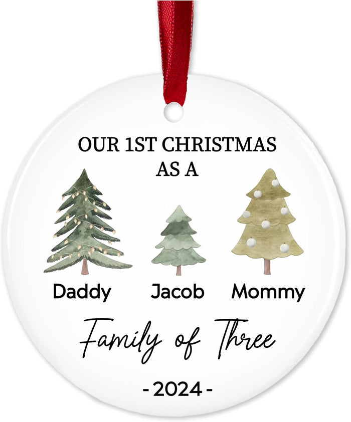 Custom 2026 Ceramic Ornaments - Personalized Monogrammed Name & Pine Tree Decorations - Holiday Keepsake with Year for Family of Three, Our First for Mommy & Daddy