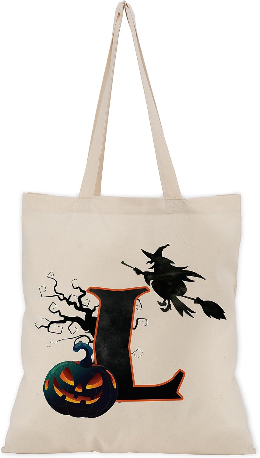 People People Halloween Initial Tote Bags Gifts for Boys Girls - Trick or Treat Letters Pumpkin Goodie Bag