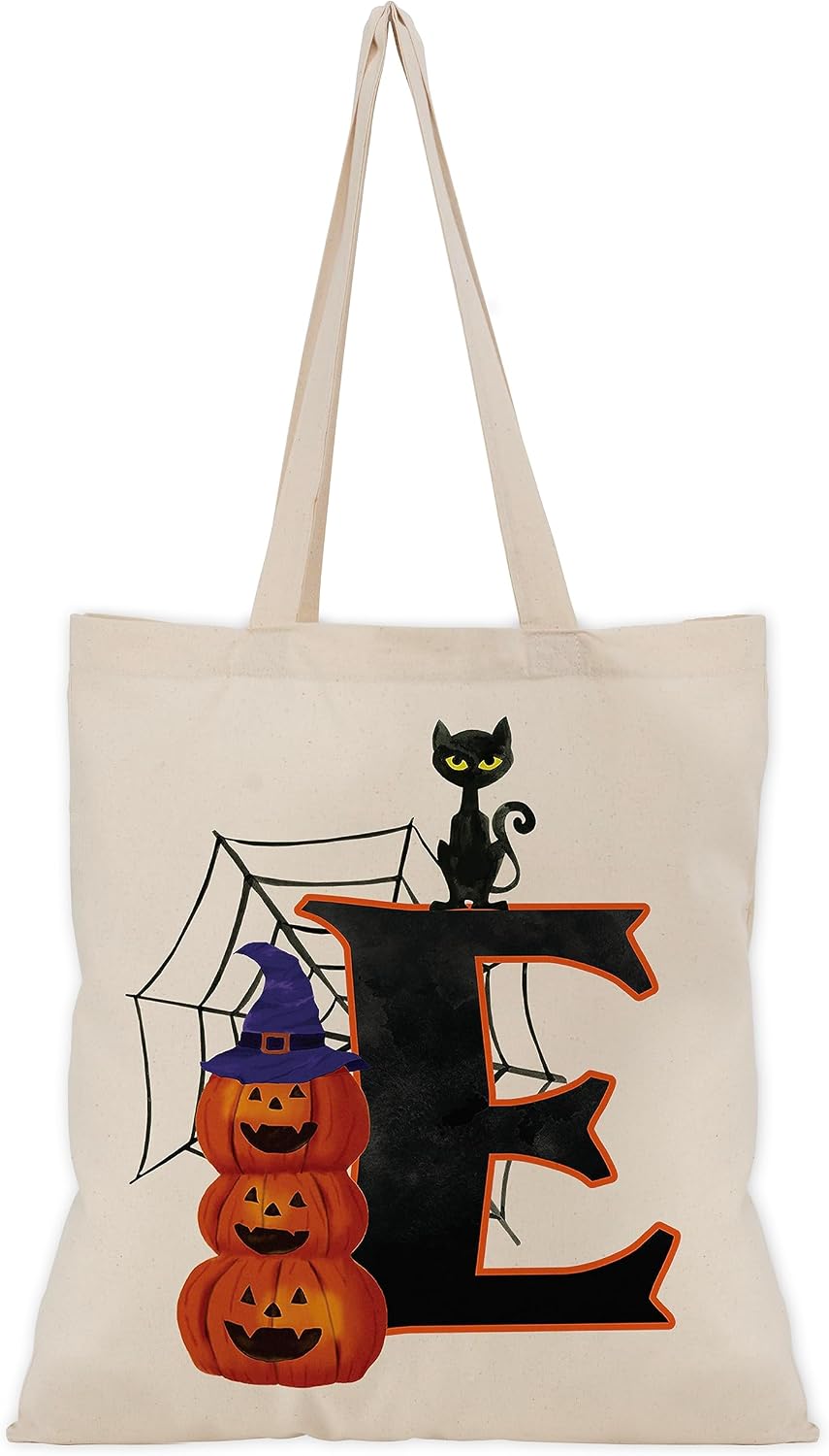 People People Halloween Initial Tote Bags Gifts for Boys Girls - Trick or Treat Letters Pumpkin Goodie Bag