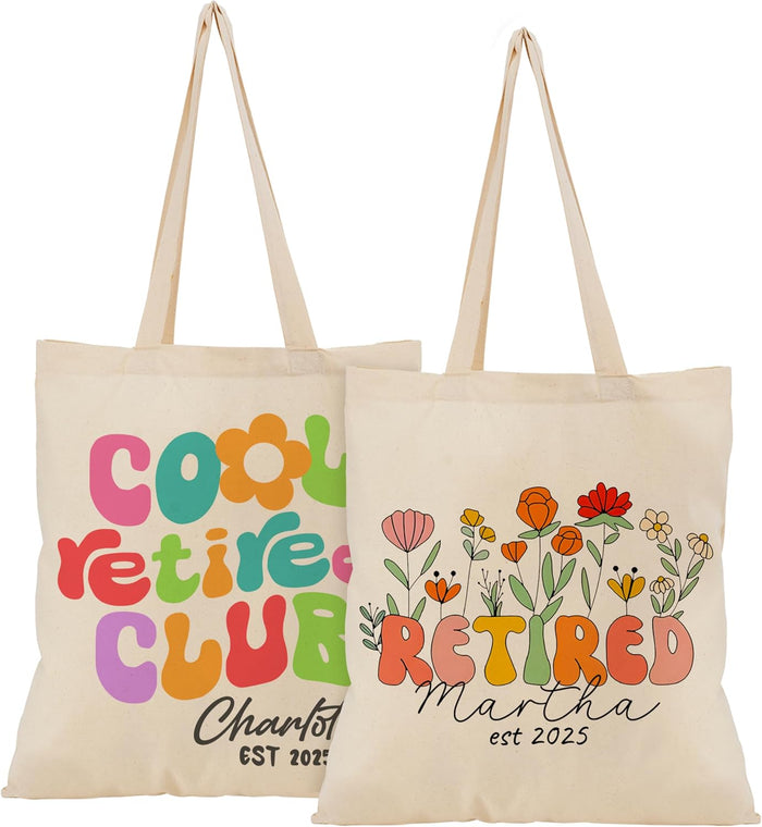 Personalized Retired Tote Bag with Name & Year - Custom Floral Canvas Shoulder Bag Gift for Retired Women, Teachers, Nurses, Coworkers - Retirement Party Favor, Funny Daily Use Bag 15x16 Inch