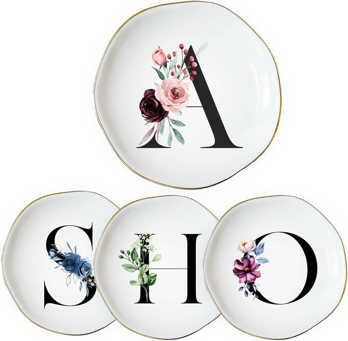 Personalized Floral Initial Ring Dish Jewelry Holder, Custom Monogram Ceramic Trinket Tray with Gold Rim, Bridesmaid Proposal Gift, Wedding Engagement Birthday Gift for Women