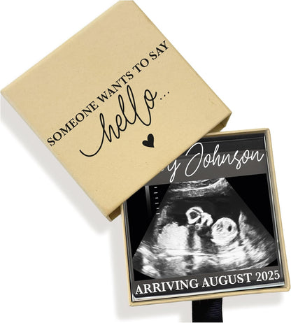 Pregnancy Announcement Keepsake – Personalized Ultrasound Sonogram Drawer Box with “Someone Wants to Say Hello” – Custom Acrylic Photo Frame with Baby Name & Due Date – Baby Shower & Grandparent Gift