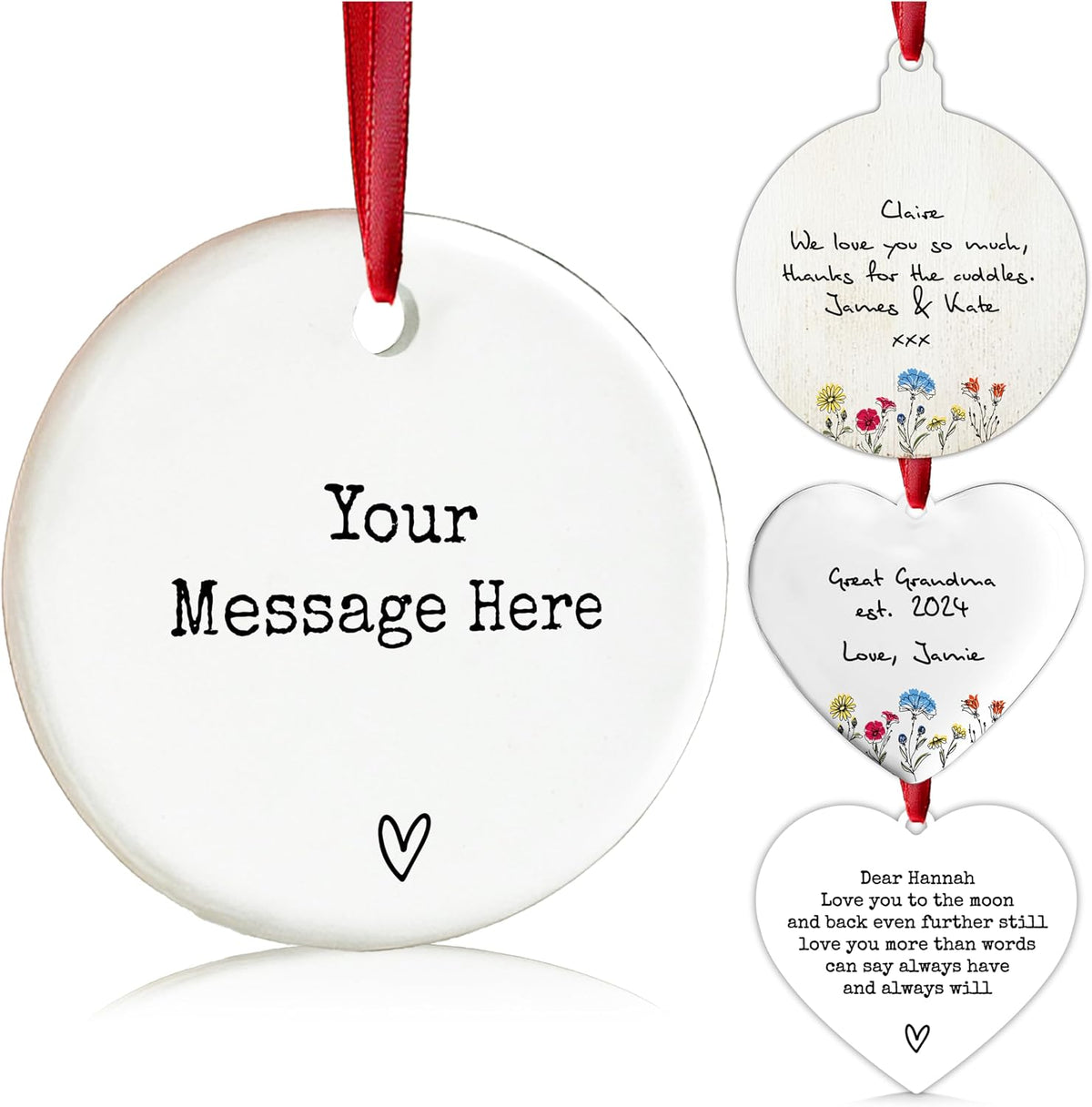 Customized Memorial Christmas Ornaments 2025 - Personalize Double-Sided Ceramic Heart & Round Hanging Xmas Ornaments - Monogrammed Keepsake Gift for Mother & Tree Decor