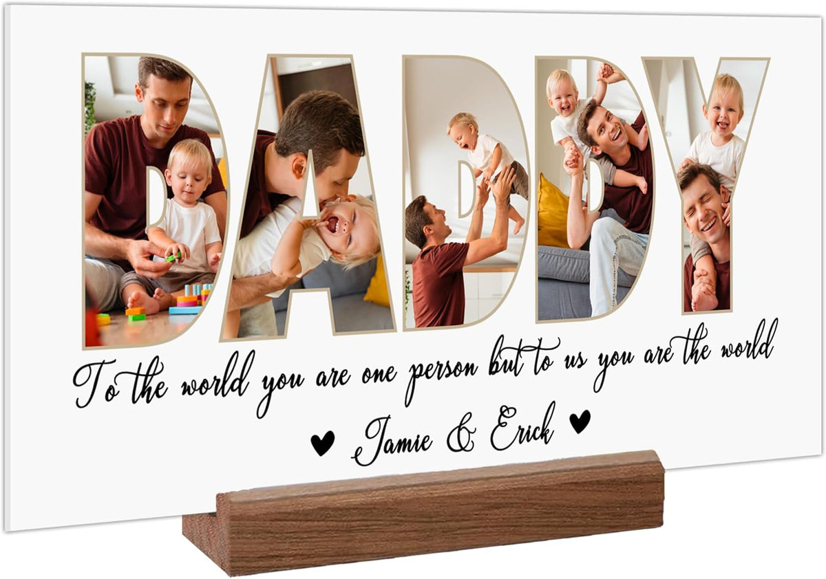 Personalized Father's Day Acrylic Photo Sign with Custom Text – Unique Christmas Gift for Dad, Grandpa, Papa – Custom Keepsake Plaque for Him from Kids – Clear Desktop or Shelf Home Décor