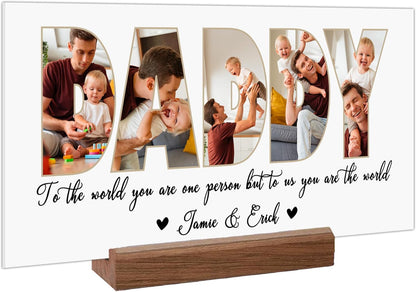 Personalized Father's Day Acrylic Photo Sign with Custom Text – Unique Christmas Gift for Dad, Grandpa, Papa – Custom Keepsake Plaque for Him from Kids – Clear Desktop or Shelf Home Décor