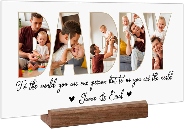 Personalized Father's Day Acrylic Photo Sign with Custom Text – Unique Christmas Gift for Dad, Grandpa, Papa – Custom Keepsake Plaque for Him from Kids – Clear Desktop or Shelf Home Décor