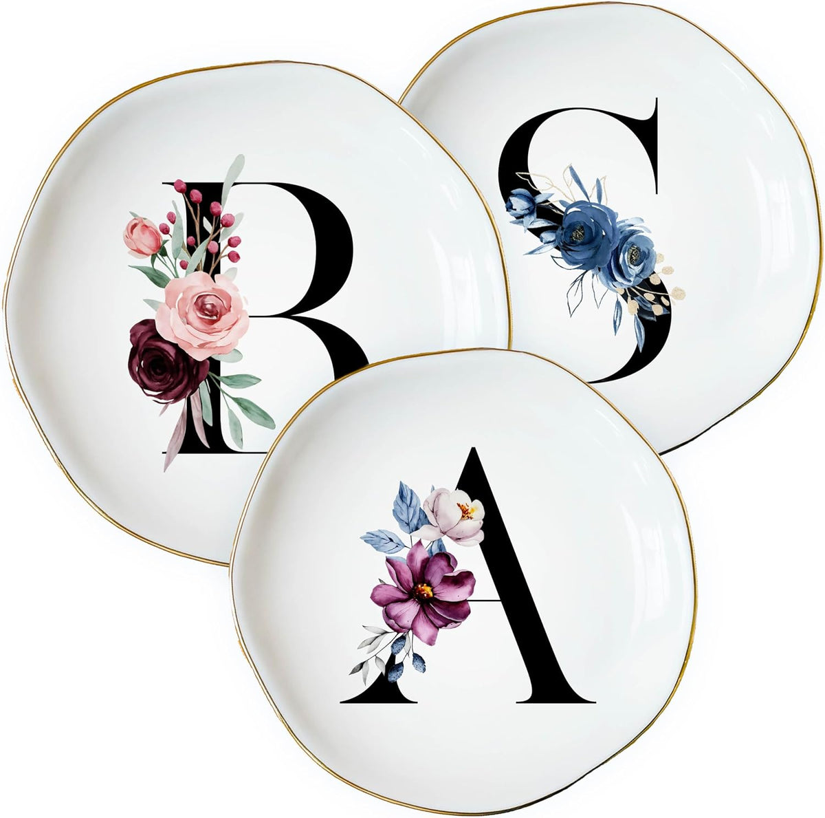 Personalized Floral Initial Ring Dish Jewelry Holder, Custom Monogram Ceramic Trinket Tray with Gold Rim, Bridesmaid Proposal Gift, Wedding Engagement Gift for Bride, Birthday Gift for Women