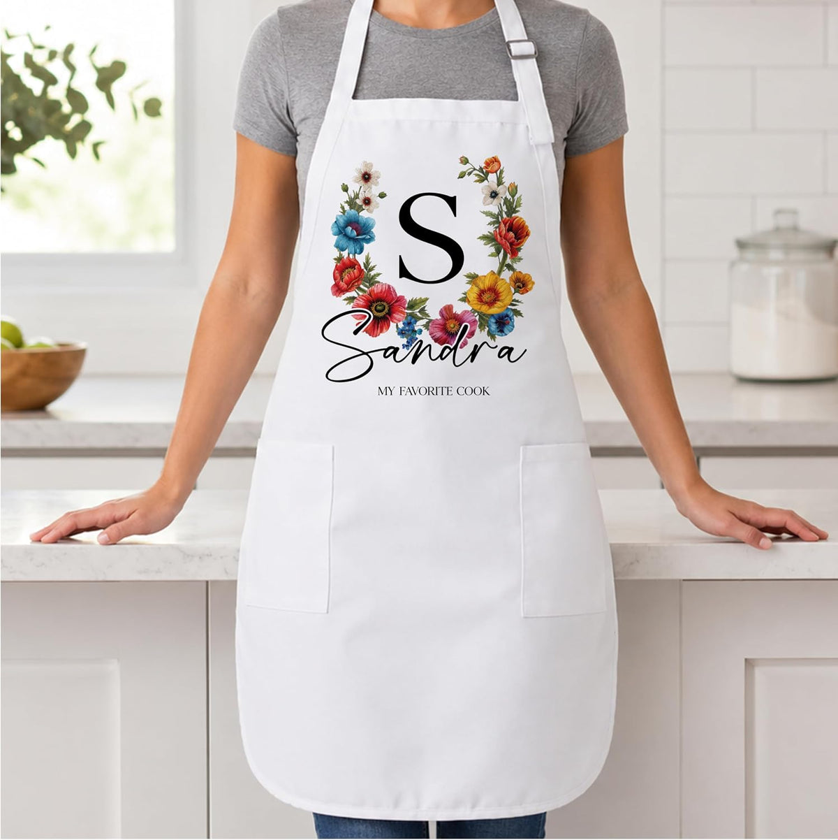 Personalized Apron with Name Custom Floral Initial Gift for Mom Grandma