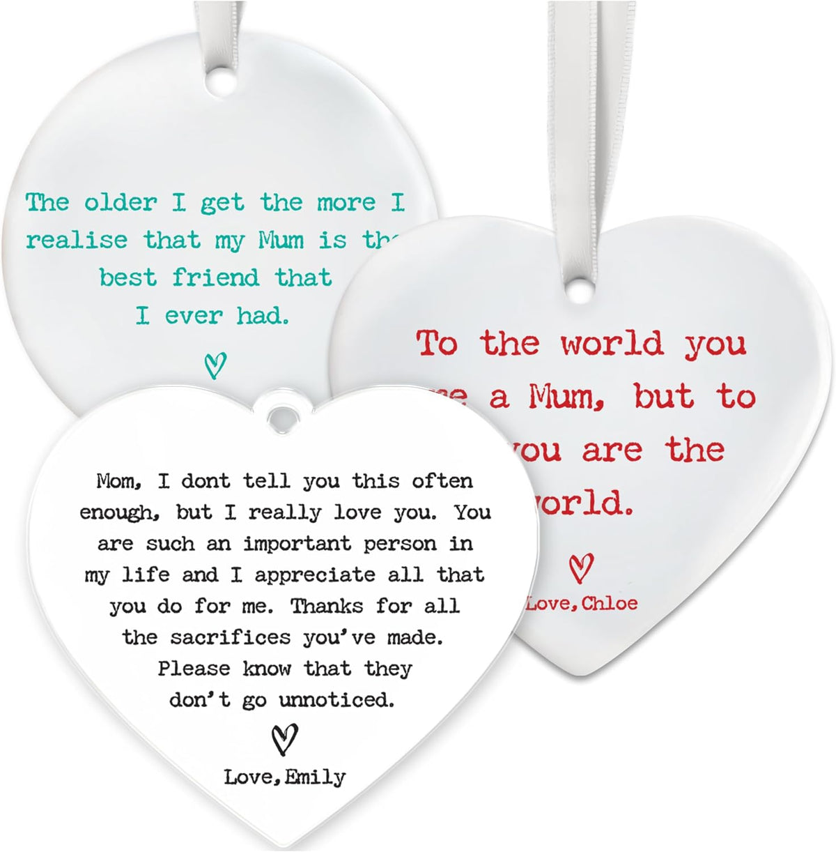 Personalized Heart Ceramic Ornament for Mom Grandma - Custom Message Keepsake with Name - Gift for Mother’s Day, Christmas, Birthday from Daughter - Heart or Round Ornament Options
