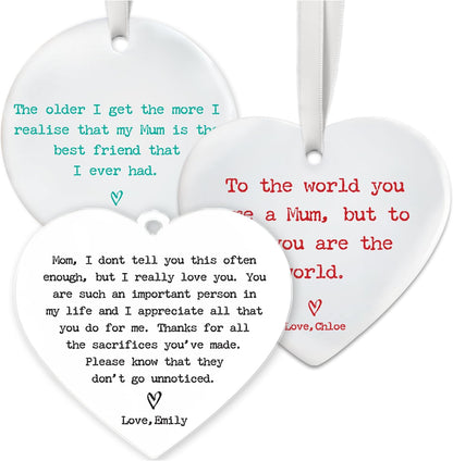 Personalized Heart Ceramic Ornament for Mom Grandma - Custom Message Keepsake with Name - Gift for Mother’s Day, Christmas, Birthday from Daughter - Heart or Round Ornament Options