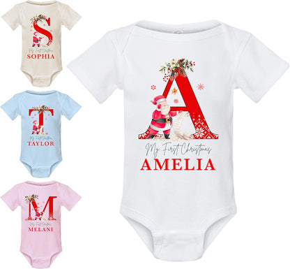 UNIQUE CUSTOM GIFTS Personalized Christmas Initial Santa Baby Onesie, Customized My Firsy Xmas Monogrammed Babys Bodysuit with Name