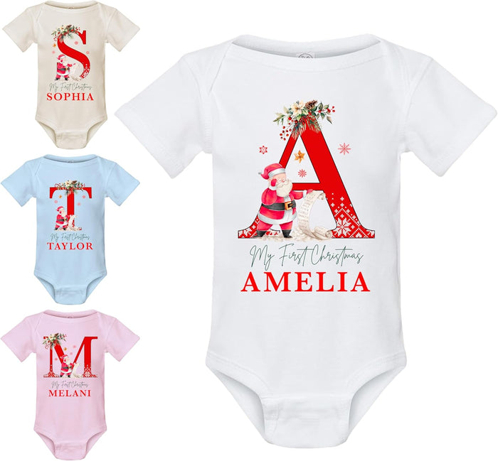 Personalized Christmas Initial Santa Baby Onesie, Customized My First Xmas Monogrammed Baby’s Bodysuit with Name
