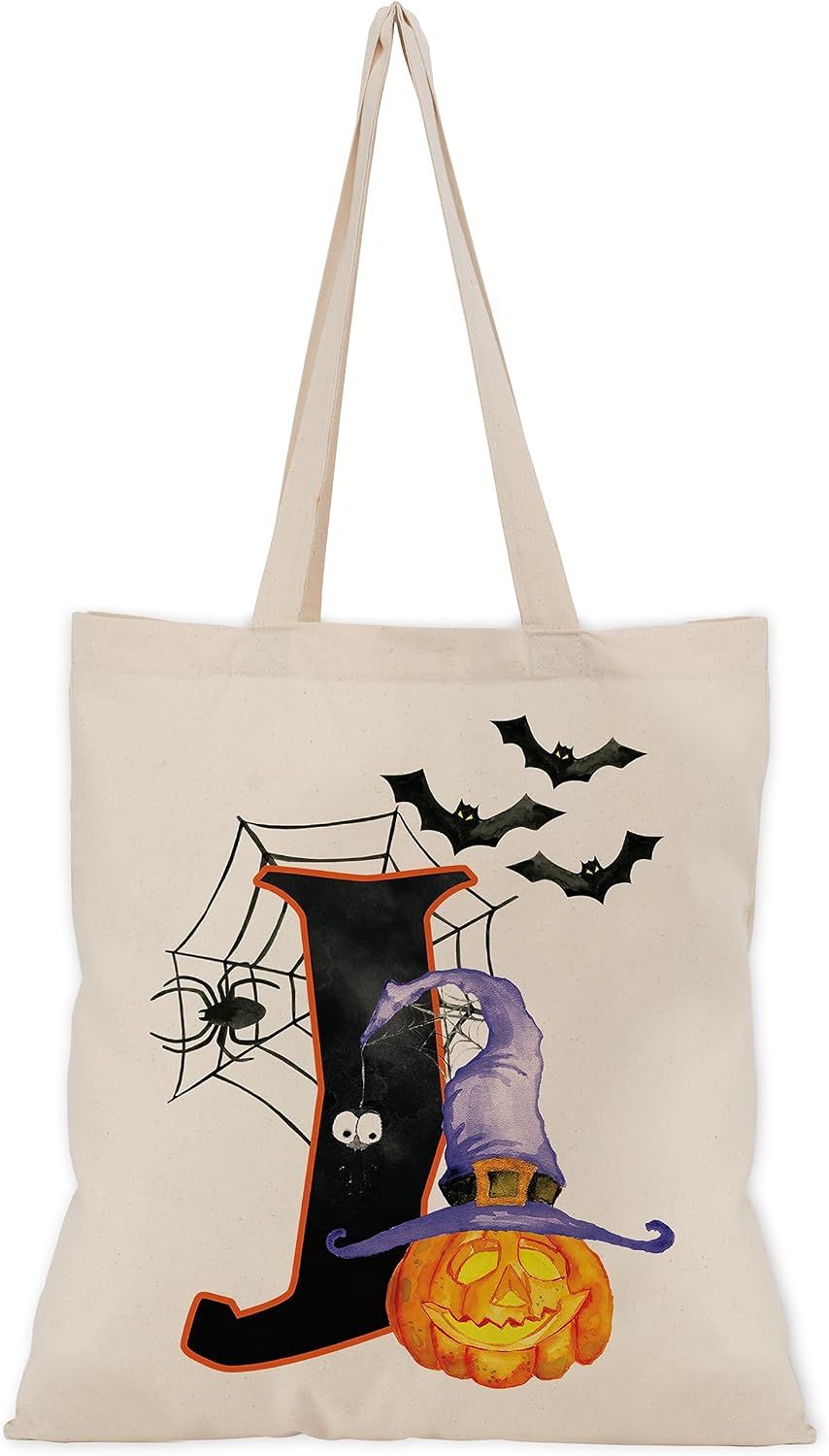 People People Halloween Initial Tote Bags Gifts for Boys Girls - Trick or Treat Letters Pumpkin Goodie Bag