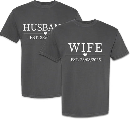 Husband Wife Matching Couple Outfits – Personalized Couple Honeymoon Tees with EST. Date – Custom Wedding