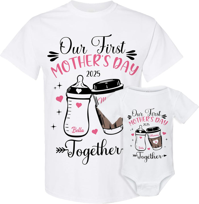 Personalized Mother and Baby Matching Shirt & Bodysuit Set - Custom Our First Mother’s Day 2027 Mommy and Baby Outfit - Customized Mom and Baby Matching T-Shirts in Multiple Colors