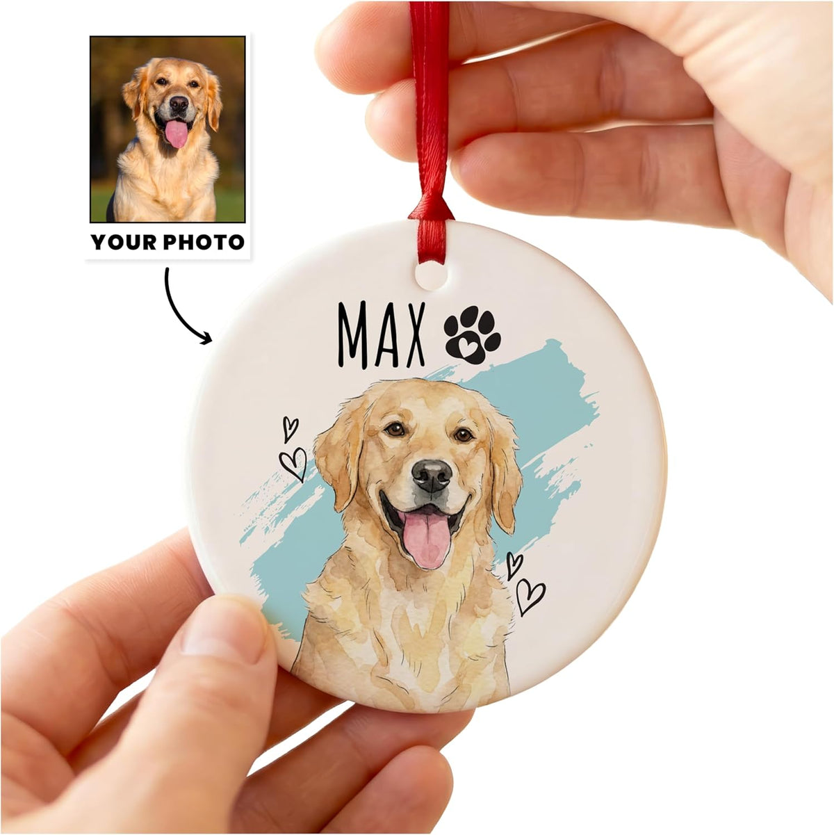 Personalized Pet Memorial Ornament, Custom Dog or Cat Watercolor Portrait with Name, in Loving Memory Option with Years, Round Ceramic Christmas Tree Ornament Gift for Pet Lovers, Keepsake