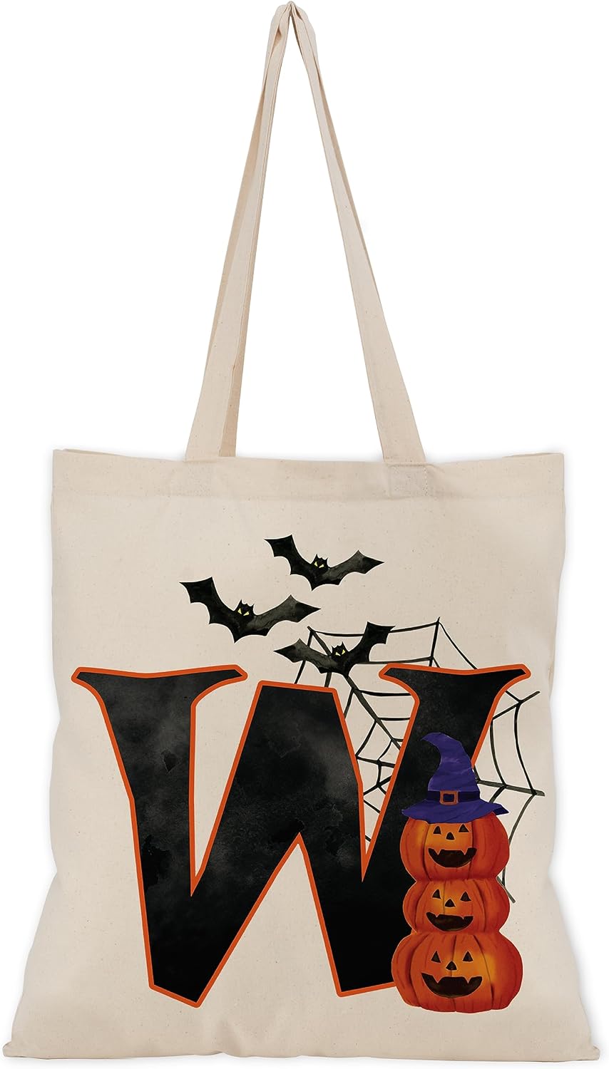 People People Halloween Initial Tote Bags Gifts for Boys Girls - Trick or Treat Letters Pumpkin Goodie Bag