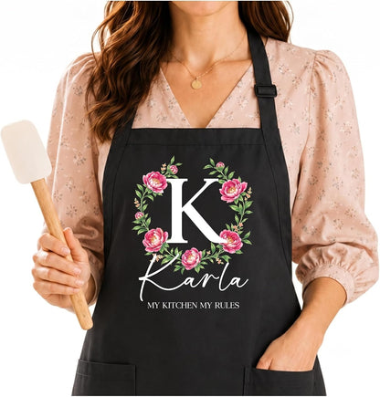 Personalized Apron with Name Custom Floral Initial Gift for Mom Grandma