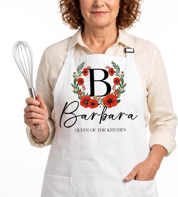 Personalized Apron with Name Floral Initial Custom Kitchen Gift for Women