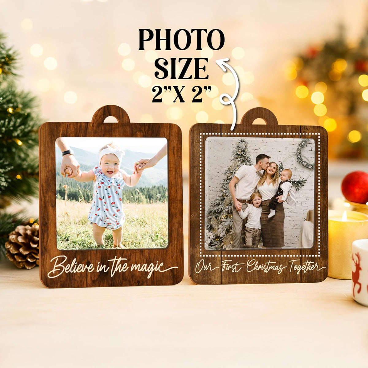 Personalized Wooden Photo Frame Ornament - Custom Plywood Christmas Tree Hanging Decoration with Name & Text - Wedding, Baby, Family Picture Keepsake Gift - 8 Color Options, Add Your Photo