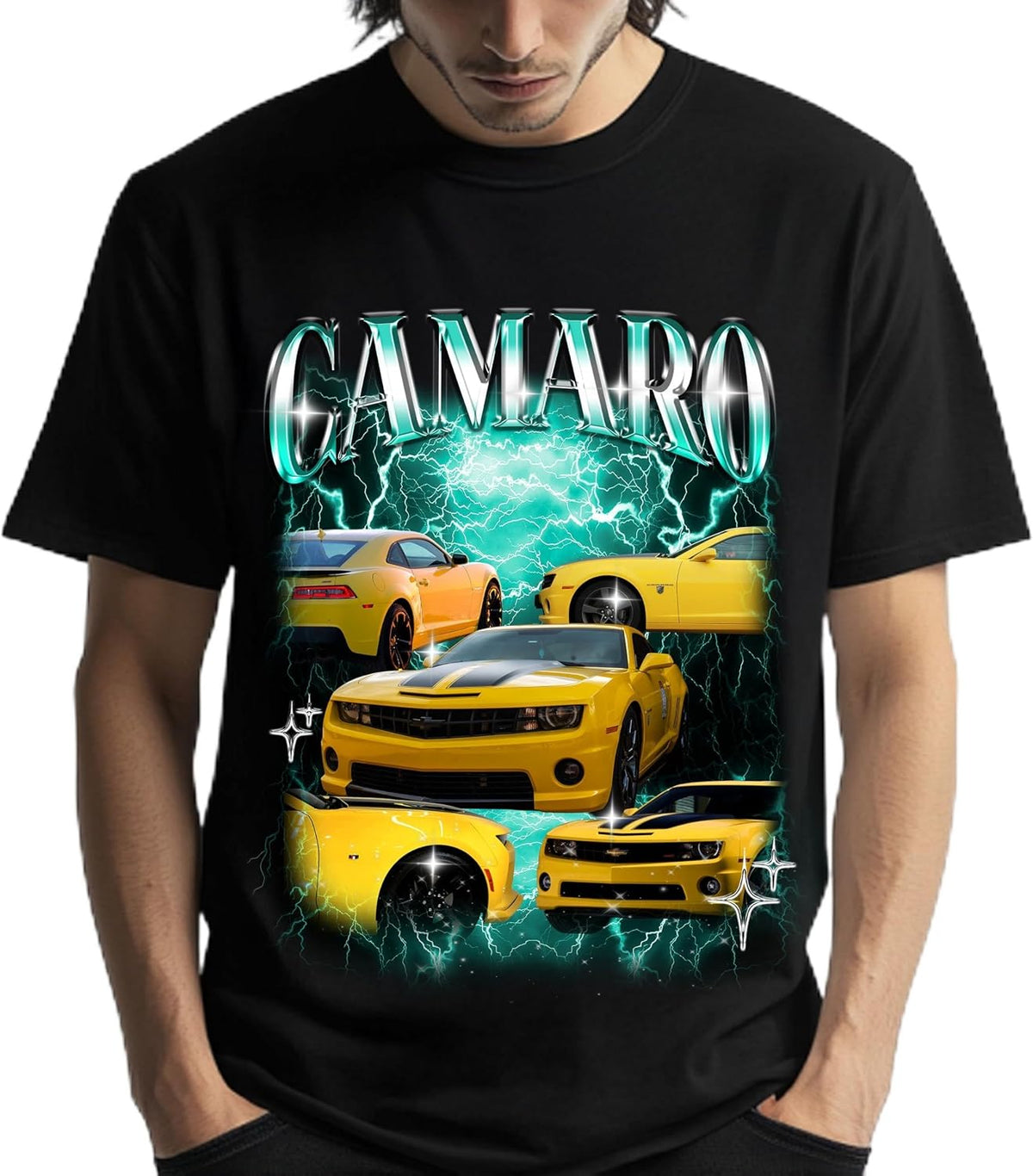 Personalized Bootleg Car Graphic T-Shirt – Custom Name & Photo Collage Tee with Yellow Sports Car Design – Trendy Lightning Background Streetwear – Gift for Car Lovers & Birthdays