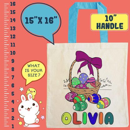 Personalized DIY Easter Tote Bags Gift for Kids w/Name - 3 Color Handles & 6 Designs - Customized Monogrammed Colorable Bunny Totes Bags for Girls Boys - Egg Hunt Custom Reusable Canvas Gift Bags C1